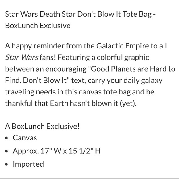 STAR WARS Death Star Don’t Blow It CANVAS TOTE BAG! - Picture 4 of 5